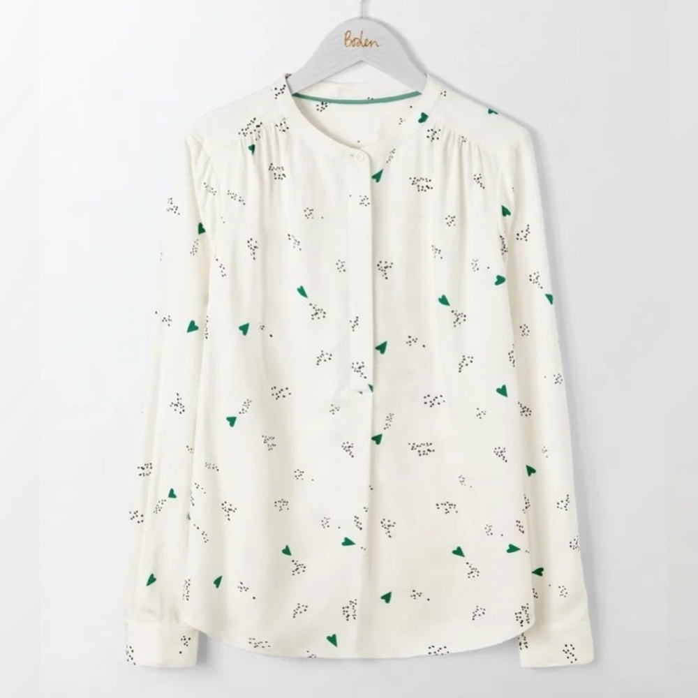 BODEN Boho Fun Green Hearts Print Viscose Flowy Buttonndown Shirt